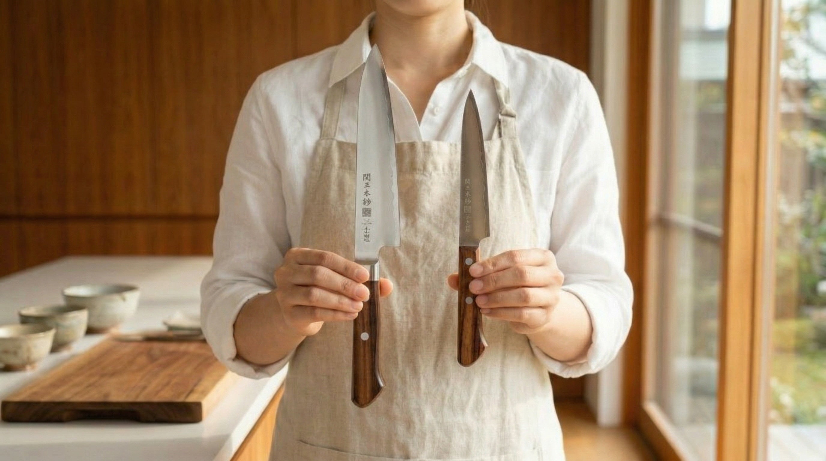二本の包丁を手に持つ女性のイメージ写真